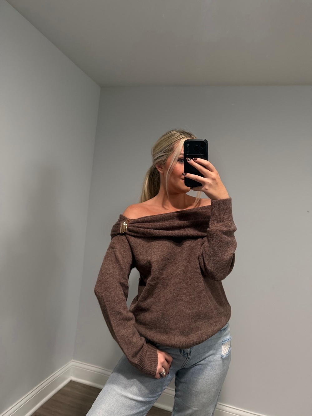 These three off the shoulder buckle top